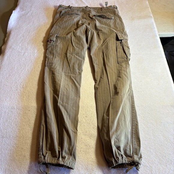 Vintage Stussy Mens Cargo Pants Tan Pinstripe Drawstring Bottom Size‎ 30 Cotton - Picture 9 of 12